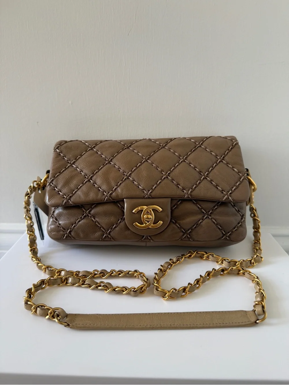 CHANEL Quilted Small Flap Crossbody in Taupe Brown with Gold Hardware